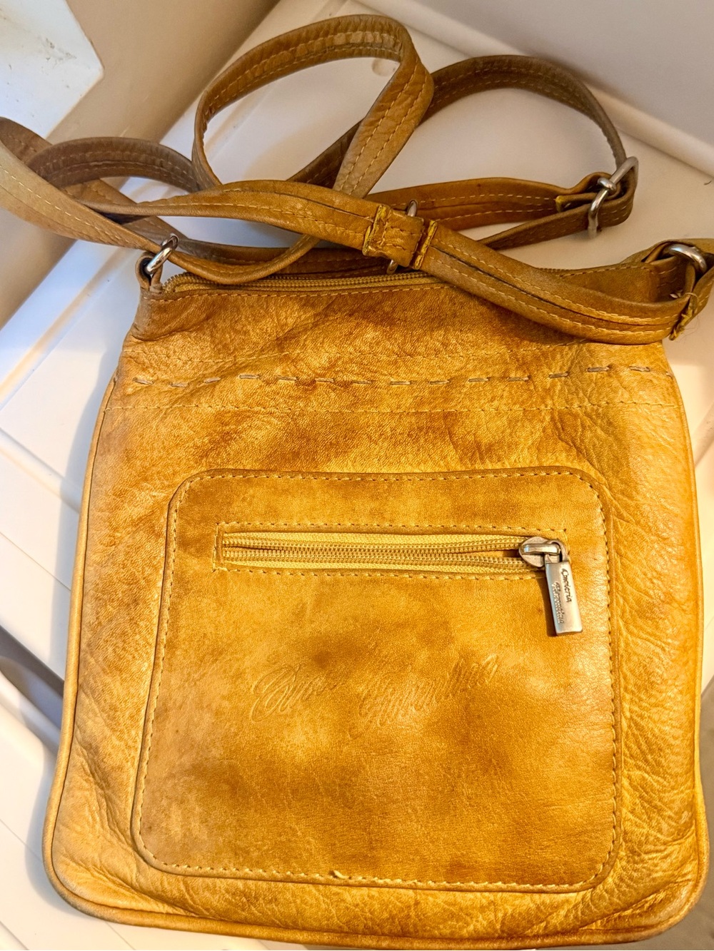 Cuoieria Fiorentina Mustard Italian Leather Crossbody Bag with Front Zip Pocket